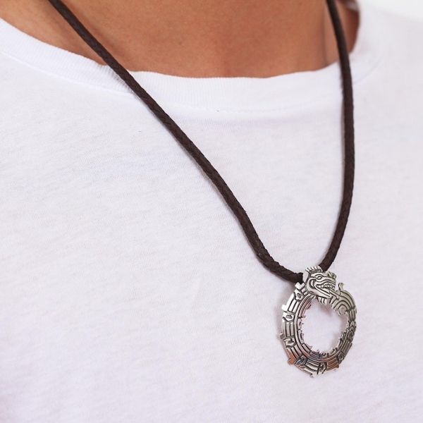 Alternate image for Leather and 925 Silver Pendant Necklace from Mexico Beautiful Quetzalcoatl