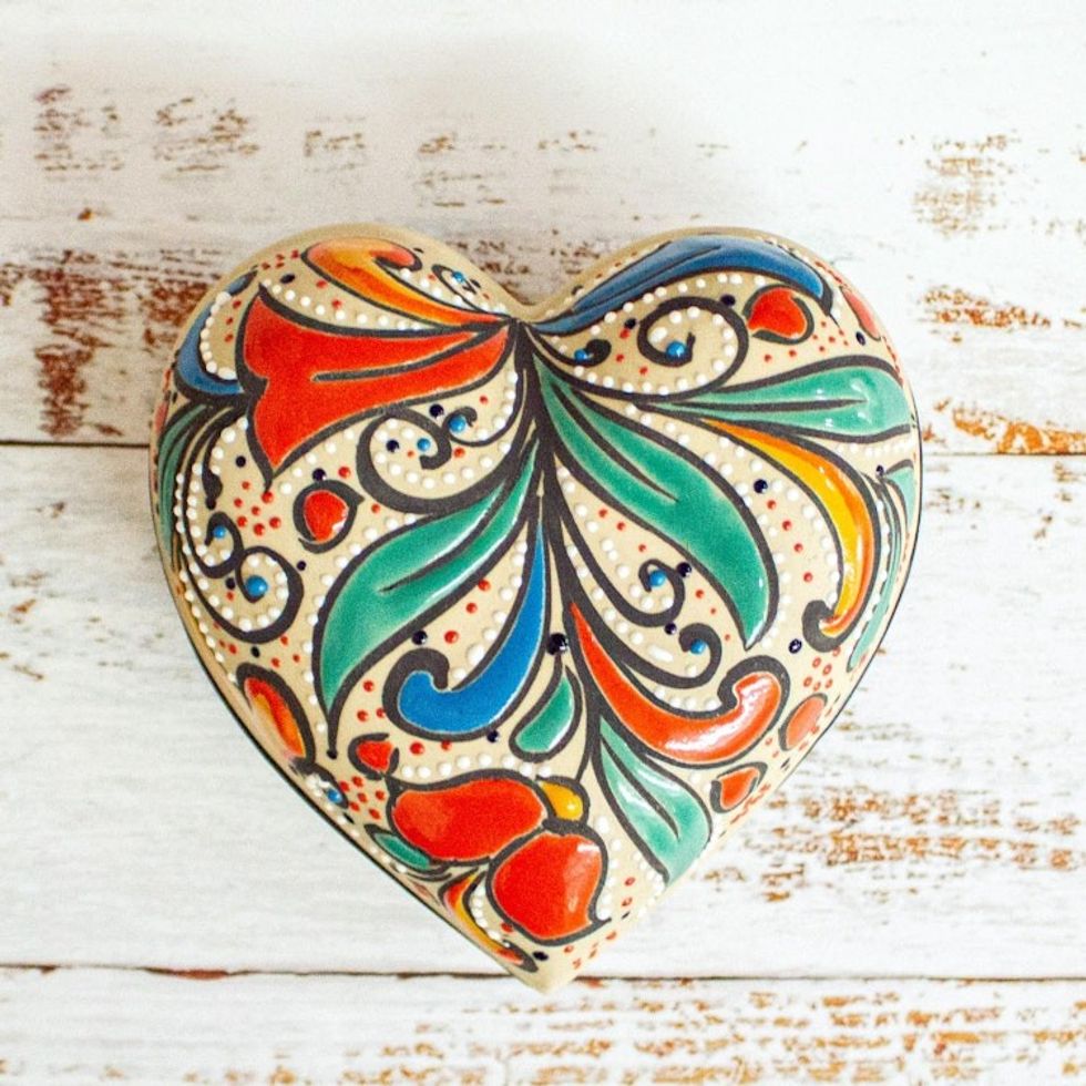 Handmade Heart Shaped Ceramic Jewelry Box 'Flourishing Heart'