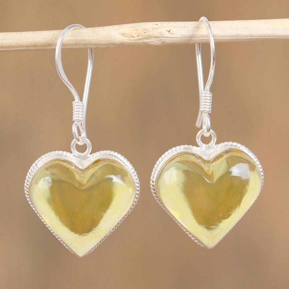 Heart Shaped Natural Amber Dangle Earrings from Mexico 'Heartfelt Gleam'