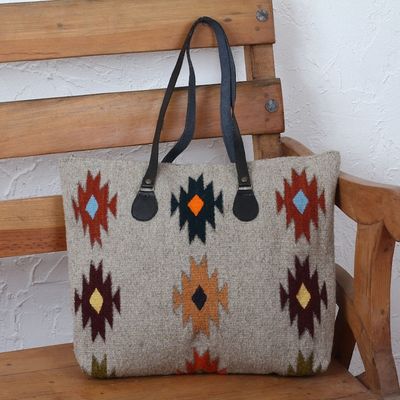 Alternate image for Beige with Earth-Color Geometric Motif Handwoven Wool Tote Forest Fanfare
