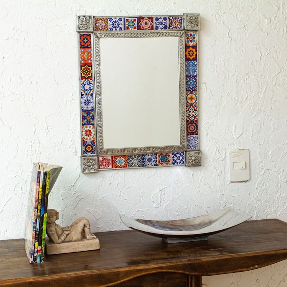 Tin and Ceramic Wall Mirror with Talavera Motifs Large 'Talavera Seasons'