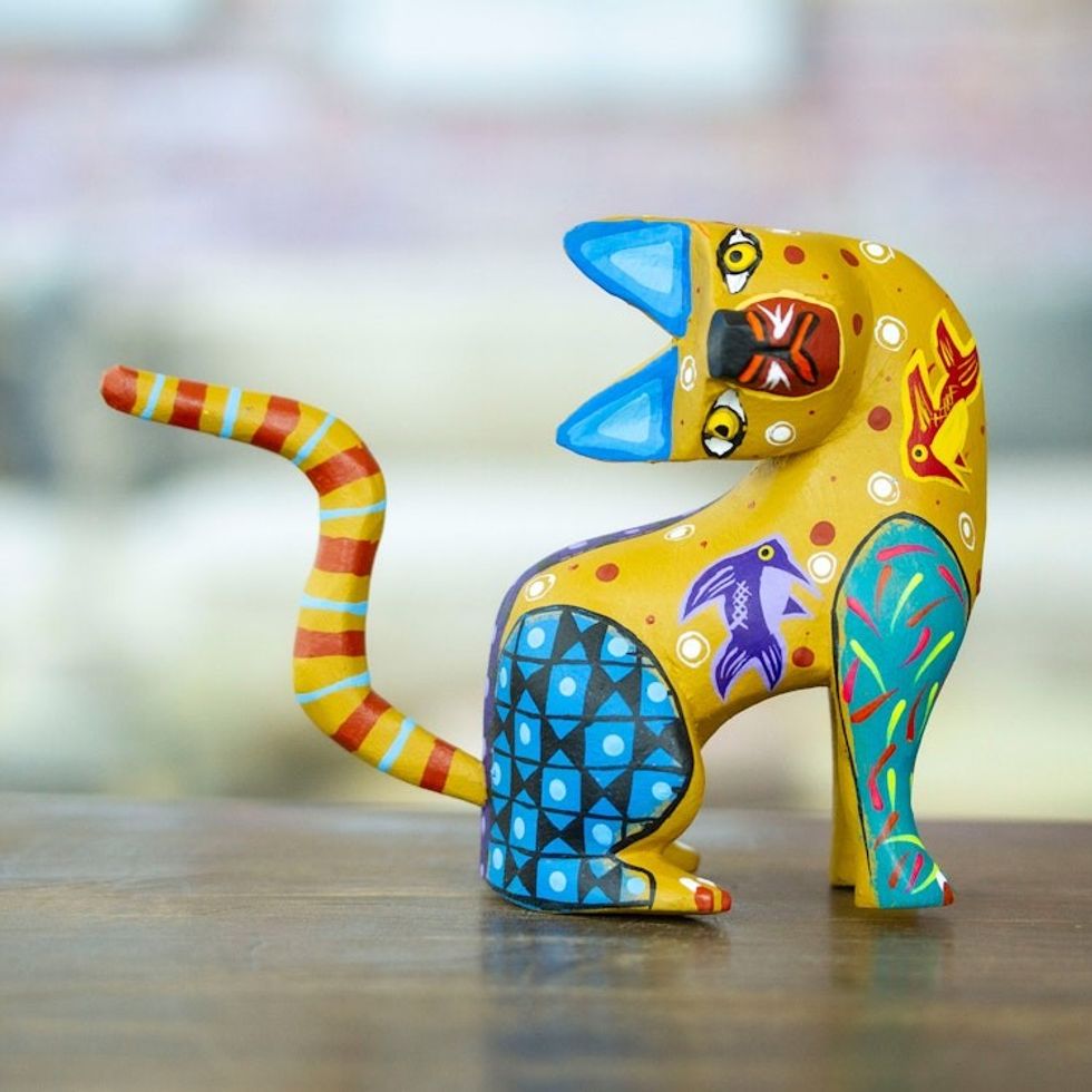 Hand-Painted Copal Wood Alebrije Cat Figurine in Amber 'Amber Feline Questions'