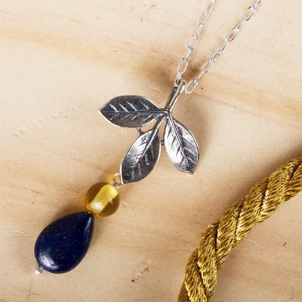 Alternate image for Leafy Lapis Lazuli and Amber Pendant Necklace from Mexico Indigo Foliage