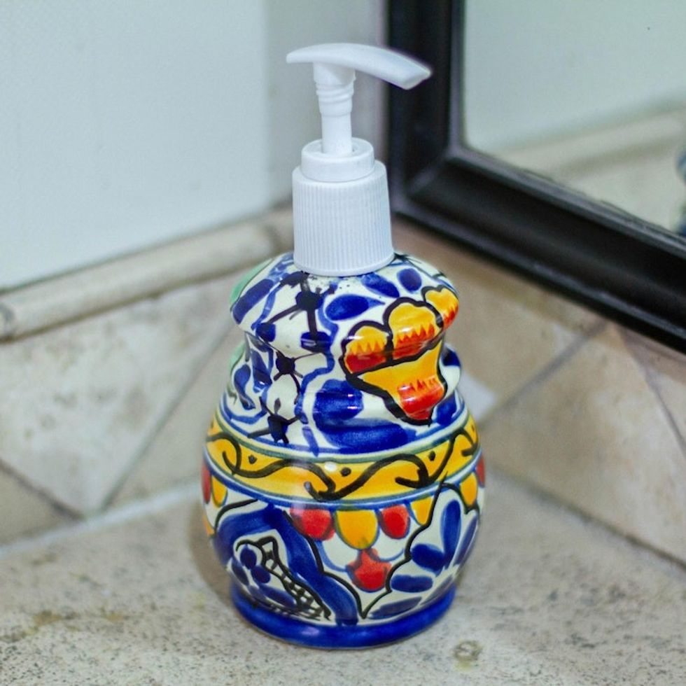 Artisan Crafted Ceramic Floral Soap Dispenser 'Cobalt Flowers'