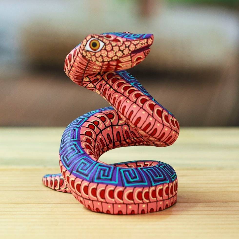 Hand-Painted Melon Copal Wood Alebrije Snake Figurine 'Melon Hiss'