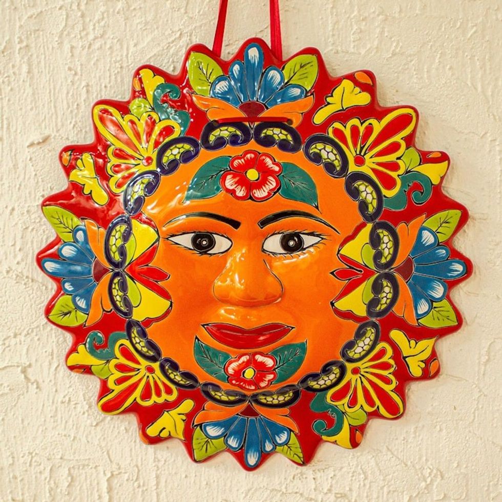 Colorful Floral Talavera Style Sun Wall Plaque from Mexico 'Pure Sun'