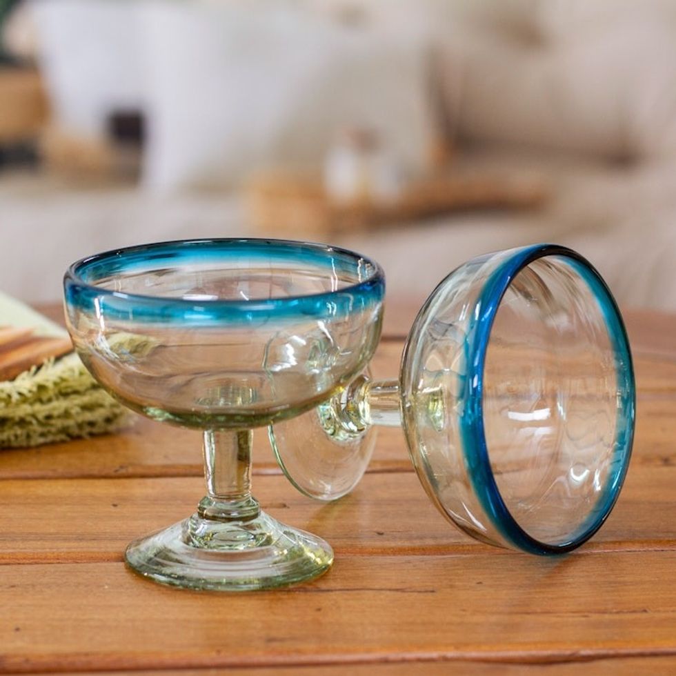 Pair of Cocktail Glasses Handblown from Recycled Glass 'Aqua'