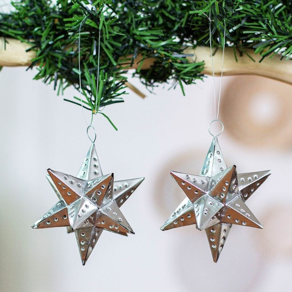 Pair of Star-Themed Polished Tin Ornaments Crafted in Mexico 'Starry Secret'