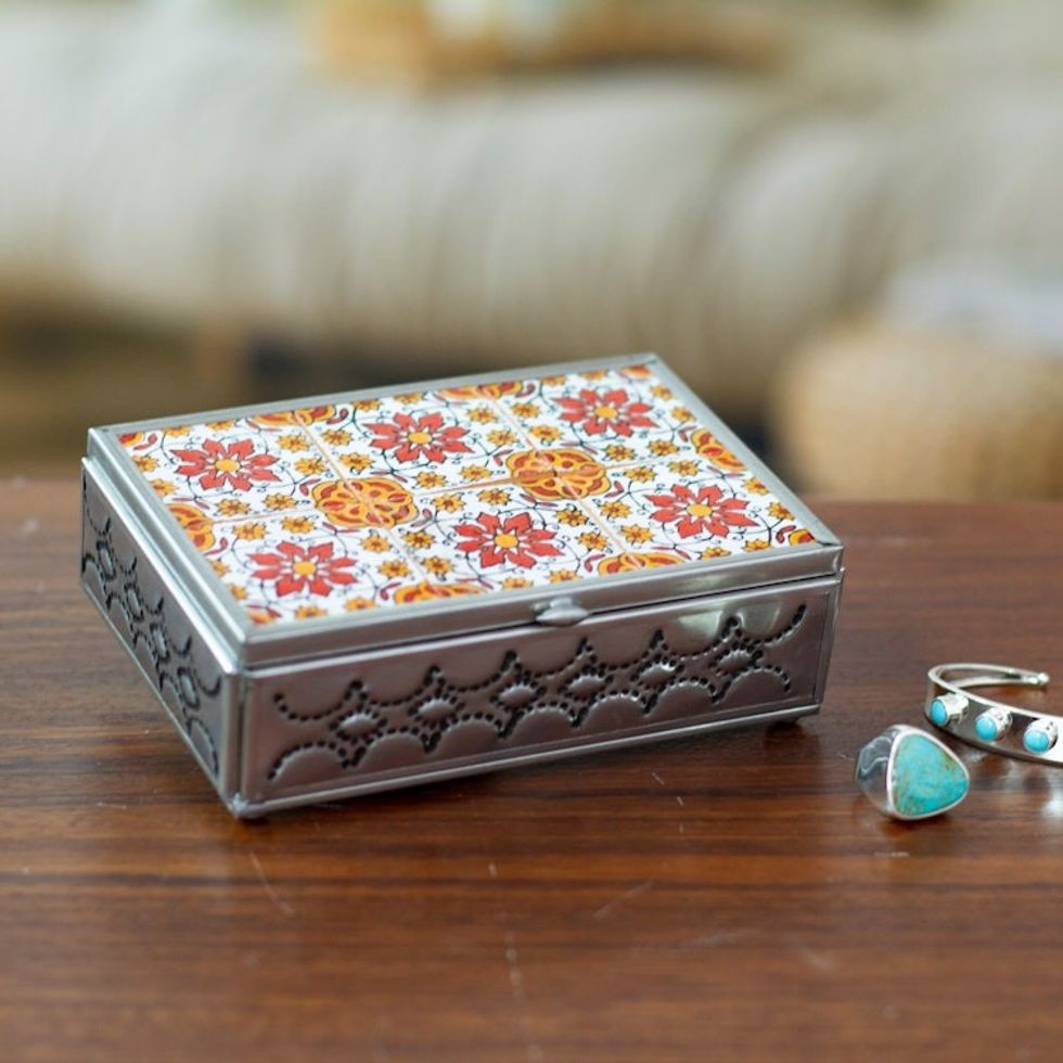 Talavera Tin and Ceramic Jewelry Box in Warm Floral Details 'Palace of Flowers'