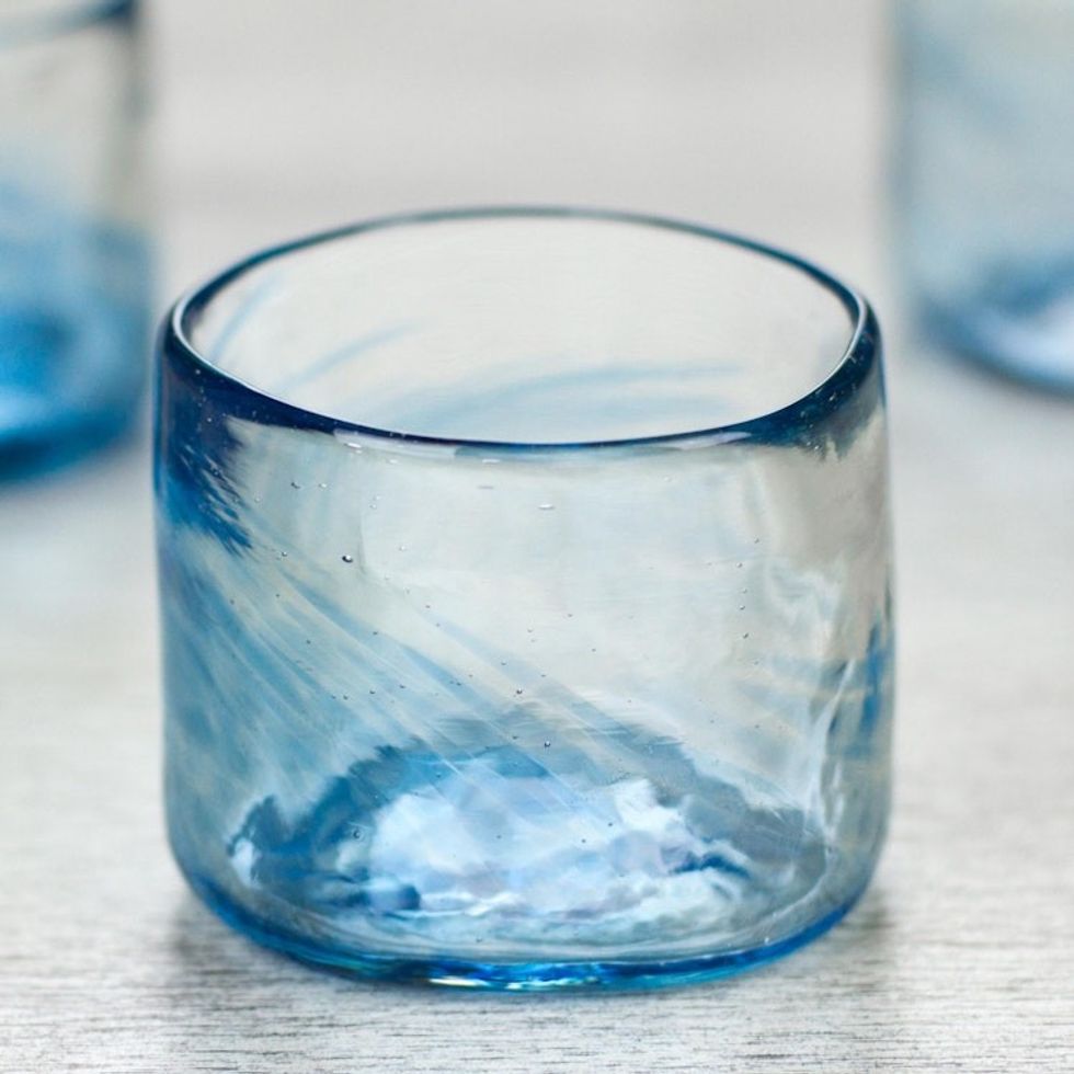 Set of 4 Mexican Clear Blue Blown Glass Rocks Glasses 5 oz 'Azure Mist'