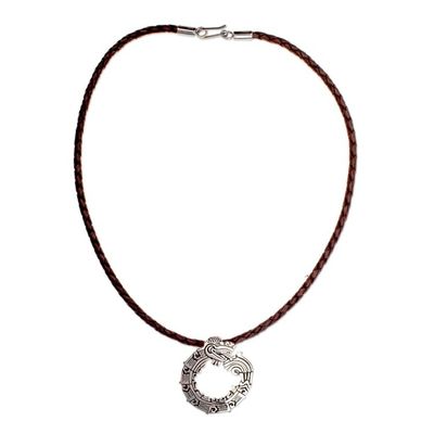 Alternate image for Leather and 925 Silver Pendant Necklace from Mexico Beautiful Quetzalcoatl