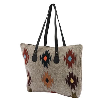 Alternate image for Beige with Earth-Color Geometric Motif Handwoven Wool Tote Forest Fanfare