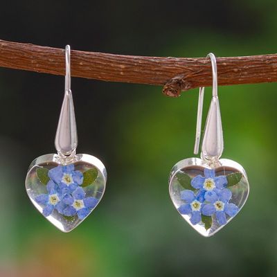 Alternate image for Heart-Shaped Natural Blue Flower Earrings from Mexico Blue Flowery Hearts