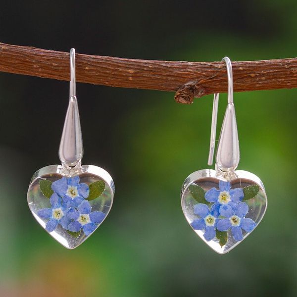 Alternate image for Heart-Shaped Natural Blue Flower Earrings from Mexico Blue Flowery Hearts