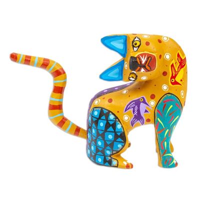 Alternate image for Hand-Painted Copal Wood Alebrije Cat Figurine in Amber Amber Feline Questions