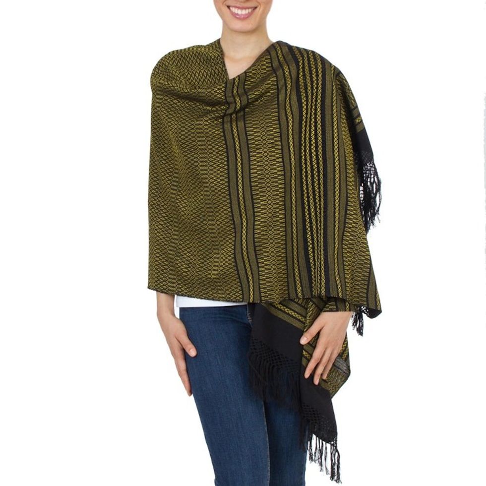 Handwoven Zapotec Black and Yellow Cotton Shawl 'Sun and Shadow'