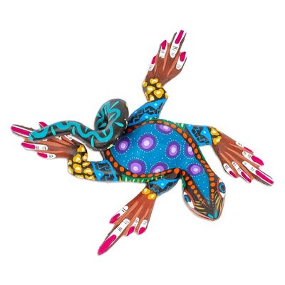Alternate image for Hand-Painted Cyan Copal Wood Alebrije Iguana Figurine Iguana Steps in Cyan
