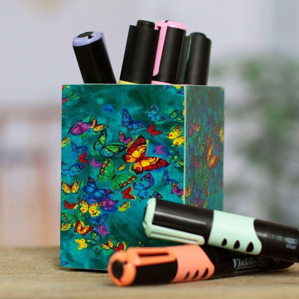 Pine Wood Pencil Holder with Decoupage Butterflies 'Paradise Butterflies'