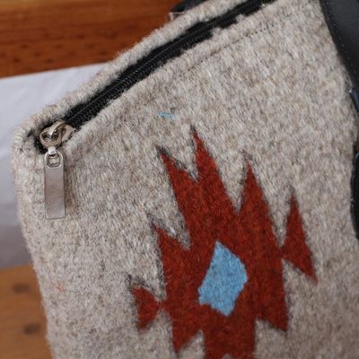 Alternate image for Beige with Earth-Color Geometric Motif Handwoven Wool Tote Forest Fanfare