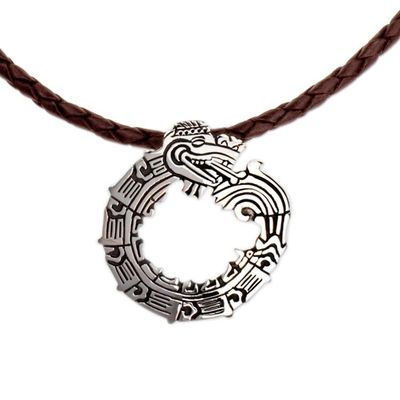 Alternate image for Leather and 925 Silver Pendant Necklace from Mexico Beautiful Quetzalcoatl