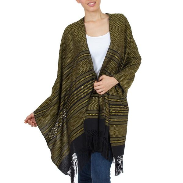 Alternate image for Handwoven Zapotec Black and Yellow Cotton Shawl Sun and Shadow