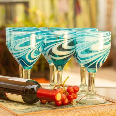 Alternate image for 6 Hand Blown Wine Glasses in Aqua and White from Mexico Whirling Aquamarine