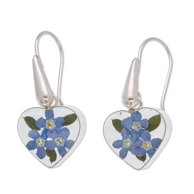 Alternate image for Heart-Shaped Natural Blue Flower Earrings from Mexico Blue Flowery Hearts