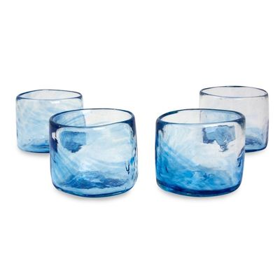 Alternate image for Set of 4 Mexican Clear Blue Blown Glass Rocks Glasses 5 oz Azure Mist