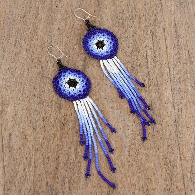 Alternate image for Long Glass Beaded Earrings in Blue from Mexico Blue Dreamcatcher