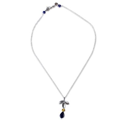 Alternate image for Leafy Lapis Lazuli and Amber Pendant Necklace from Mexico Indigo Foliage