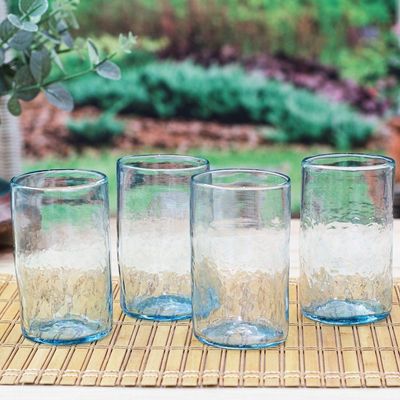 Alternate image for 4 Hand Blown Eco-Friendly Recycled Glass Tumblers in Blue Garden Relaxation in Blue