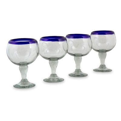 Alternate image for Cobalt Blue Rim Hand Blown 18 oz Wine Glasses Set of 4 Cobalt Kiss