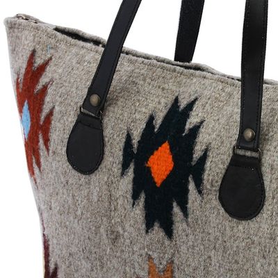 Alternate image for Beige with Earth-Color Geometric Motif Handwoven Wool Tote Forest Fanfare
