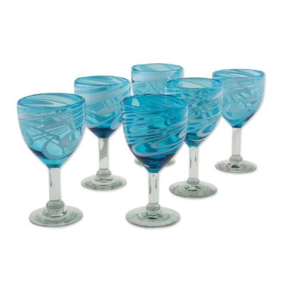 Alternate image for 6 Hand Blown Wine Glasses in Aqua and White from Mexico Whirling Aquamarine