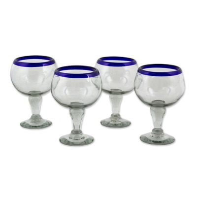 Alternate image for Cobalt Blue Rim Hand Blown 18 oz Wine Glasses Set of 4 Cobalt Kiss
