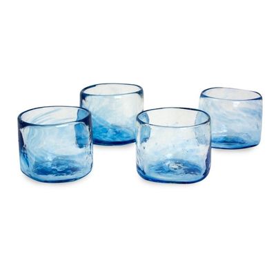 Alternate image for Set of 4 Mexican Clear Blue Blown Glass Rocks Glasses 5 oz Azure Mist