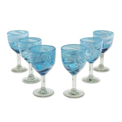 Alternate image for 6 Hand Blown Wine Glasses in Aqua and White from Mexico Whirling Aquamarine
