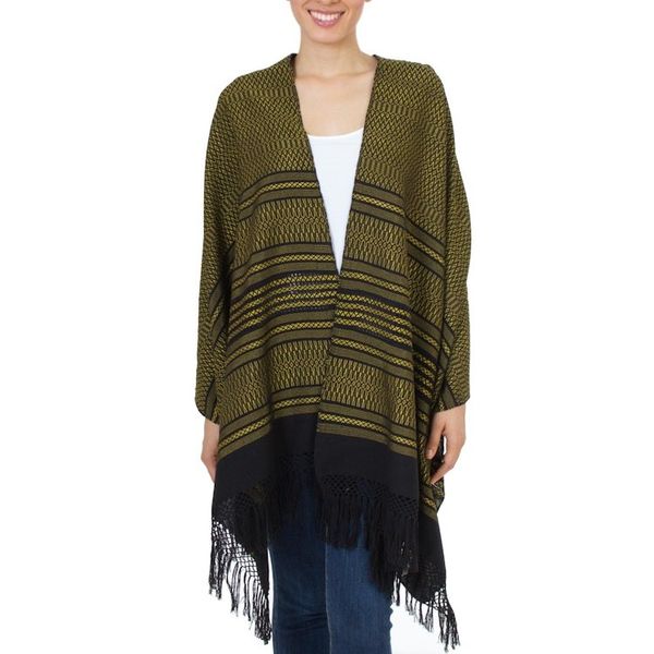 Alternate image for Handwoven Zapotec Black and Yellow Cotton Shawl Sun and Shadow