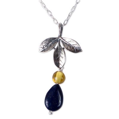Alternate image for Leafy Lapis Lazuli and Amber Pendant Necklace from Mexico Indigo Foliage