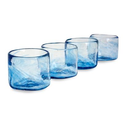 Alternate image for Set of 4 Mexican Clear Blue Blown Glass Rocks Glasses 5 oz Azure Mist