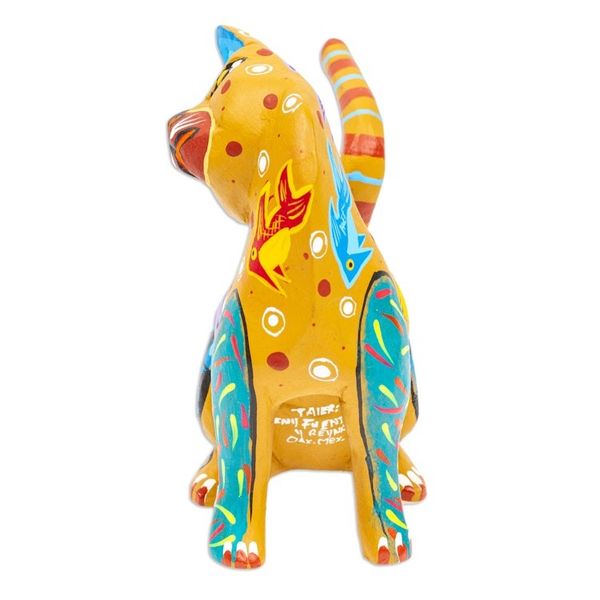 Alternate image for Hand-Painted Copal Wood Alebrije Cat Figurine in Amber Amber Feline Questions