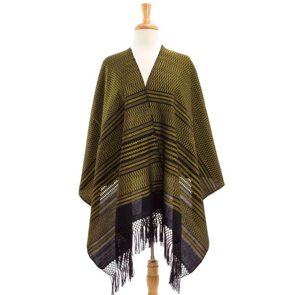 Alternate image for Handwoven Zapotec Black and Yellow Cotton Shawl Sun and Shadow