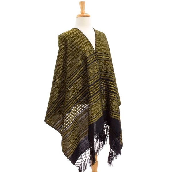 Alternate image for Handwoven Zapotec Black and Yellow Cotton Shawl Sun and Shadow