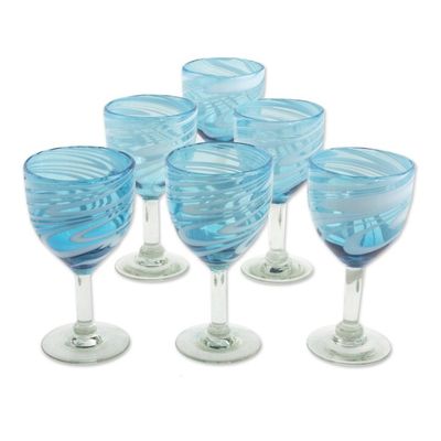Alternate image for 6 Hand Blown Wine Glasses in Aqua and White from Mexico Whirling Aquamarine