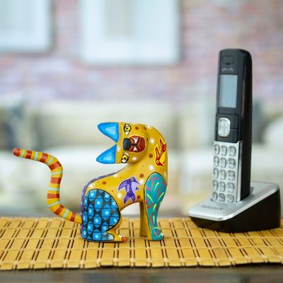 Alternate image for Hand-Painted Copal Wood Alebrije Cat Figurine in Amber Amber Feline Questions