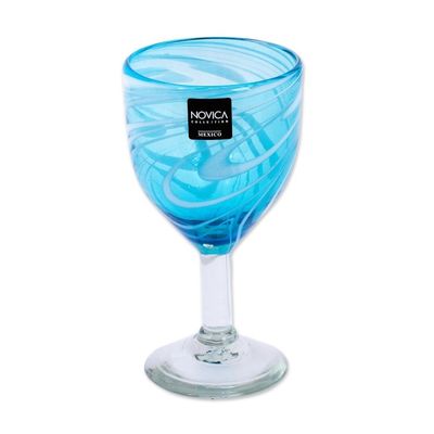 Alternate image for 6 Hand Blown Wine Glasses in Aqua and White from Mexico Whirling Aquamarine