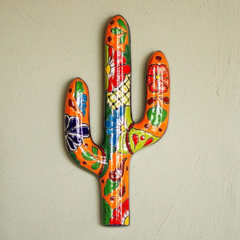 Floral Cactus Talavera-Style Ceramic Wall Sculpture 'Desert Saguaro'