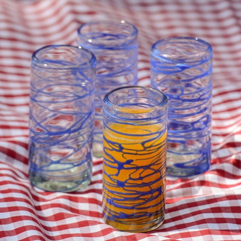 Six Blue Swirl Hand Blown 11 oz High Ball Glasses 'Sapphire Swirl'