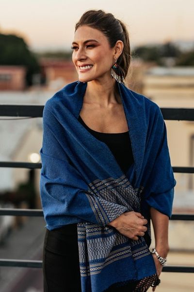 Alternate image for Blue Cotton Zapotec Shawl from Mexico with Golden Motifs Golden Sea Foam