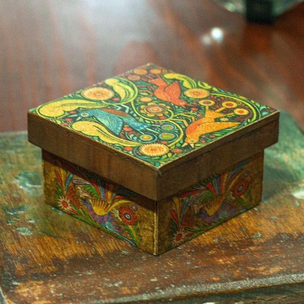 Wood Box with Otomi Inspired Bird Decoupage from Mexico 'Otomi Flight'